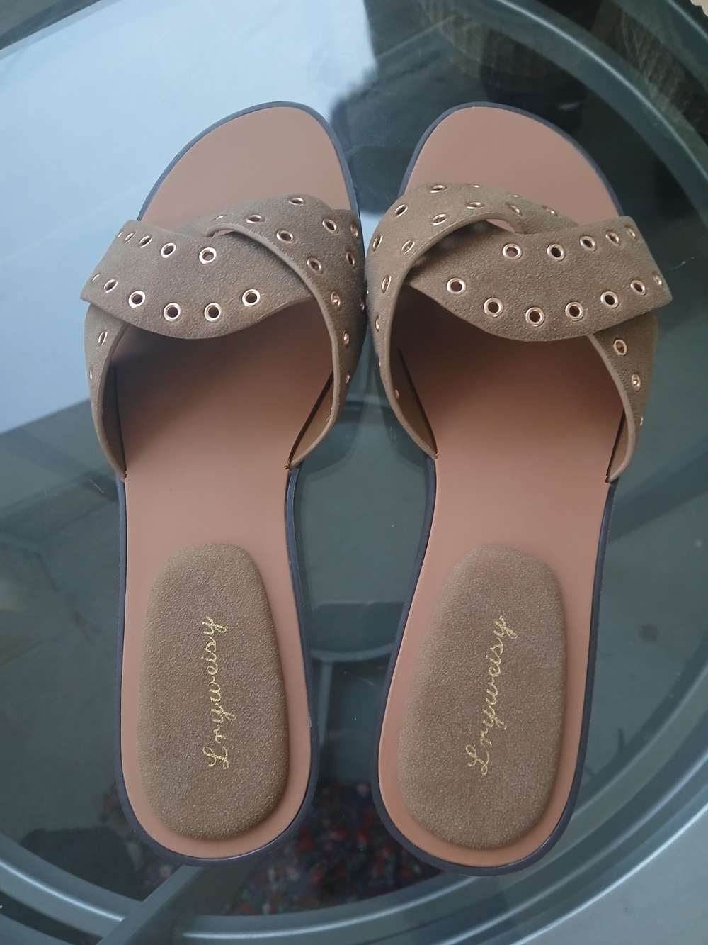 & Other Stories Tan Suede Eyelet Crisscross Slide Mules